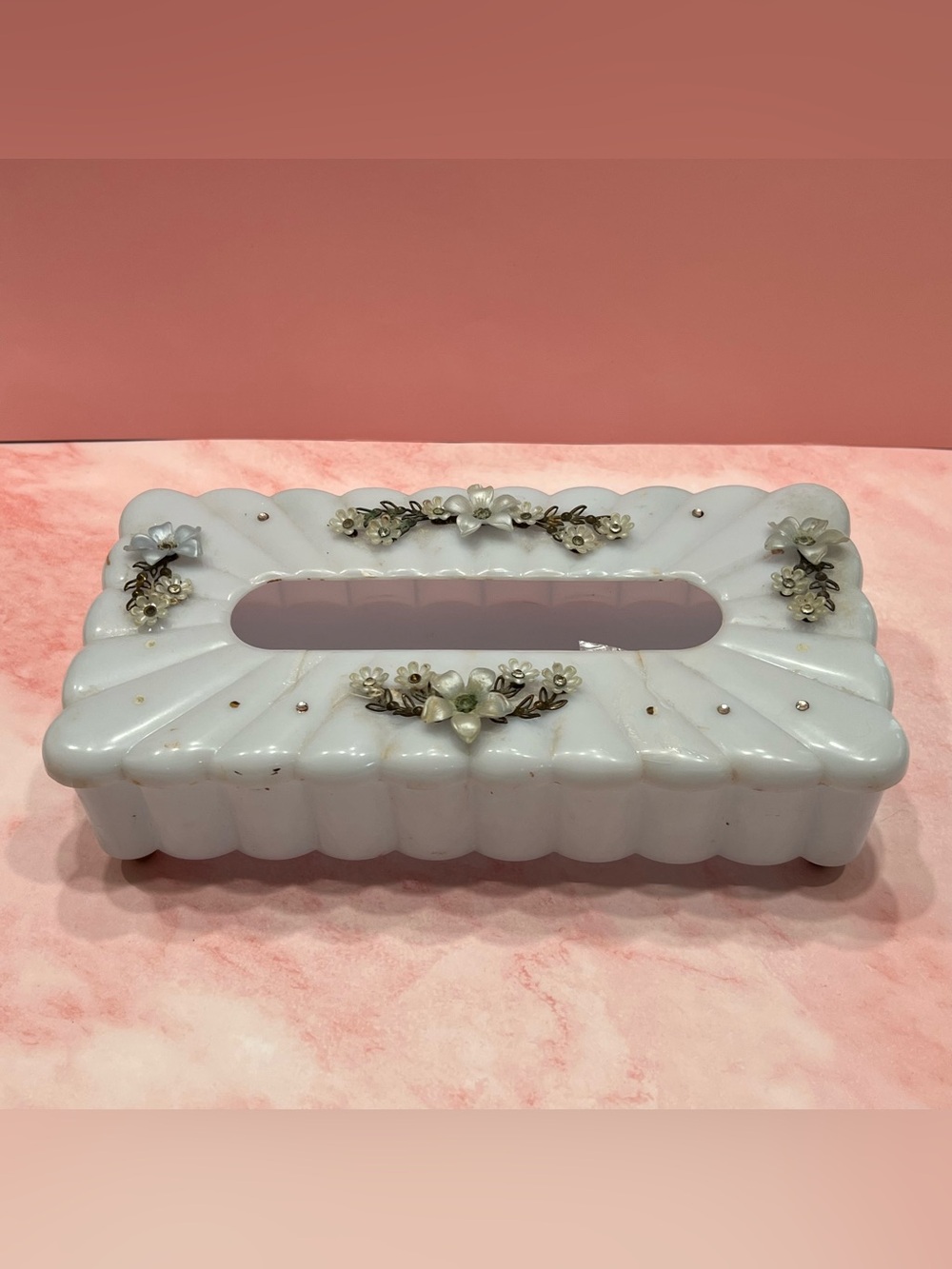 Vintage 50s Jeweled Floral Tissue Box Cover Hollywood Regency Glam MCM Vanity